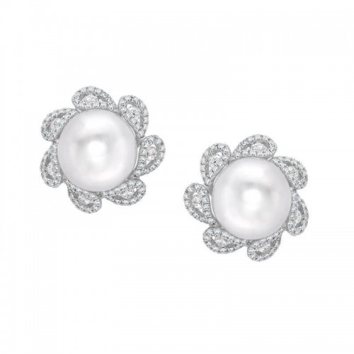 18ct White Gold Southsea Pearl & Diamond Stud Earrings 